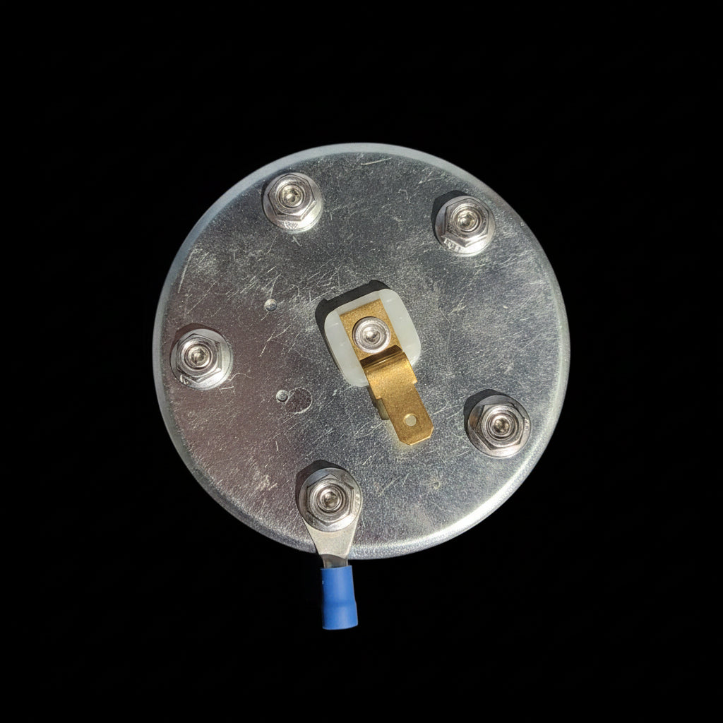 A close-up of a circular metal fuel level component with five silver screws, a small gold-colored connector, and a blue plastic cap on a dark gray plastic surface.